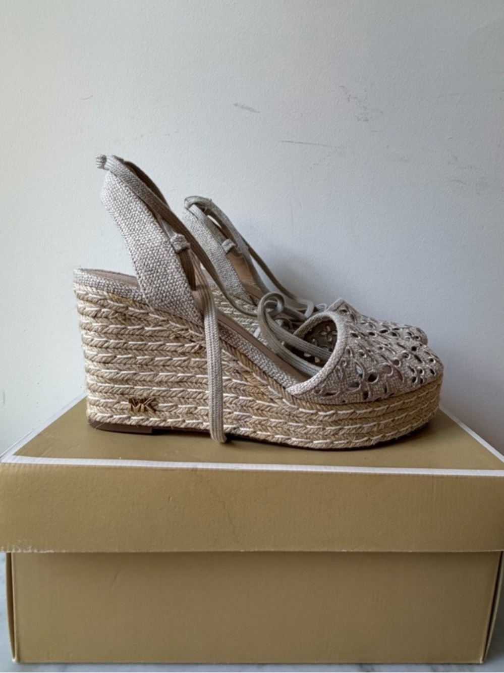 Michael Kors Natural Beige Woven Cotton Espadrille Wedge Sandals - Picture 2 of 6